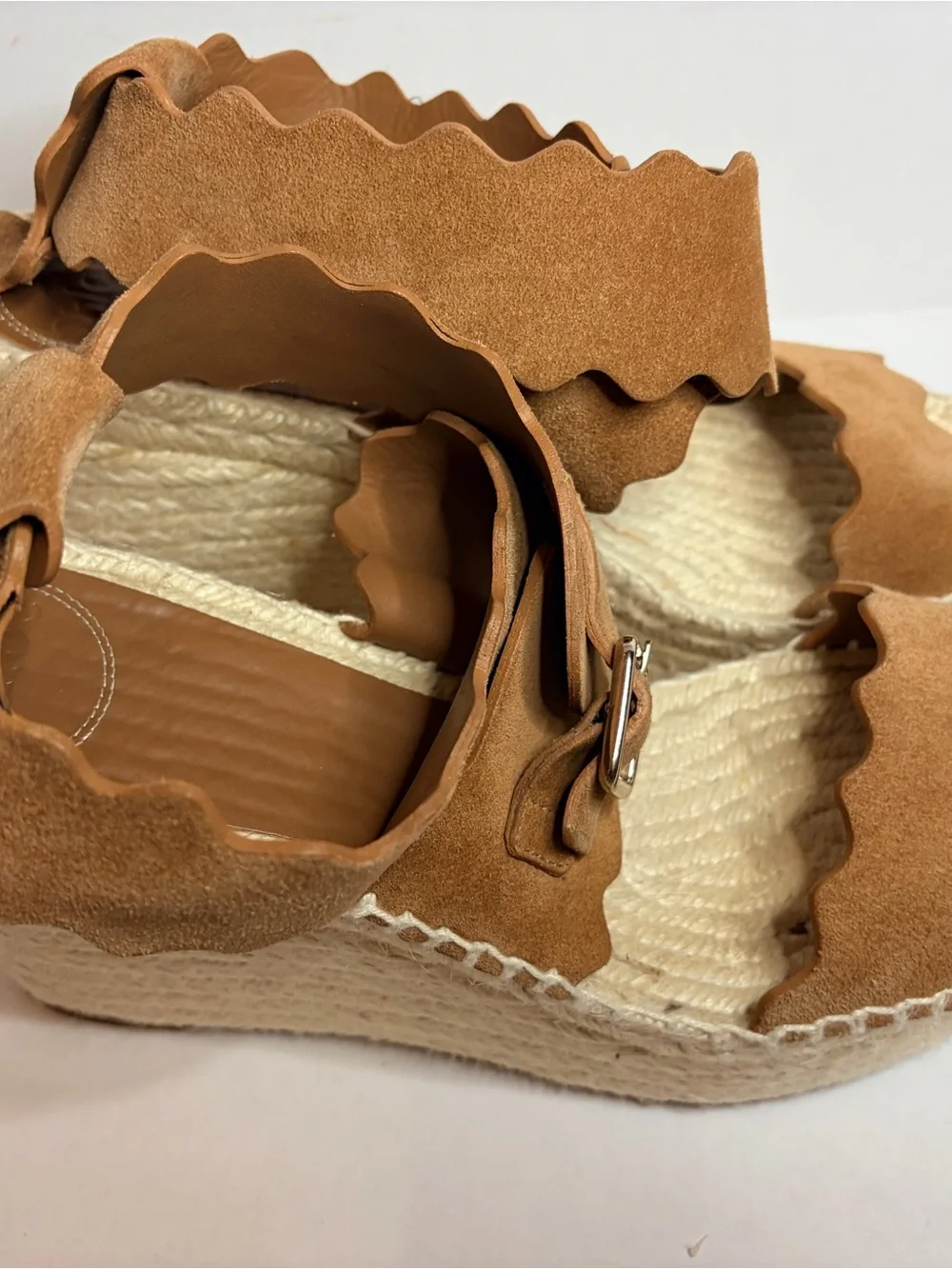 Chloe Suede Scalloped Espadrille Sandals in Tan